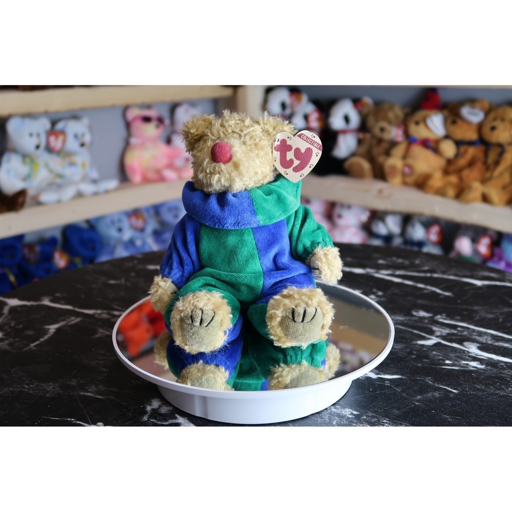 Ty Attic Treasures Sm. Bear Tan Plush Blue Green Hooded Romper Jointed 1993 6069